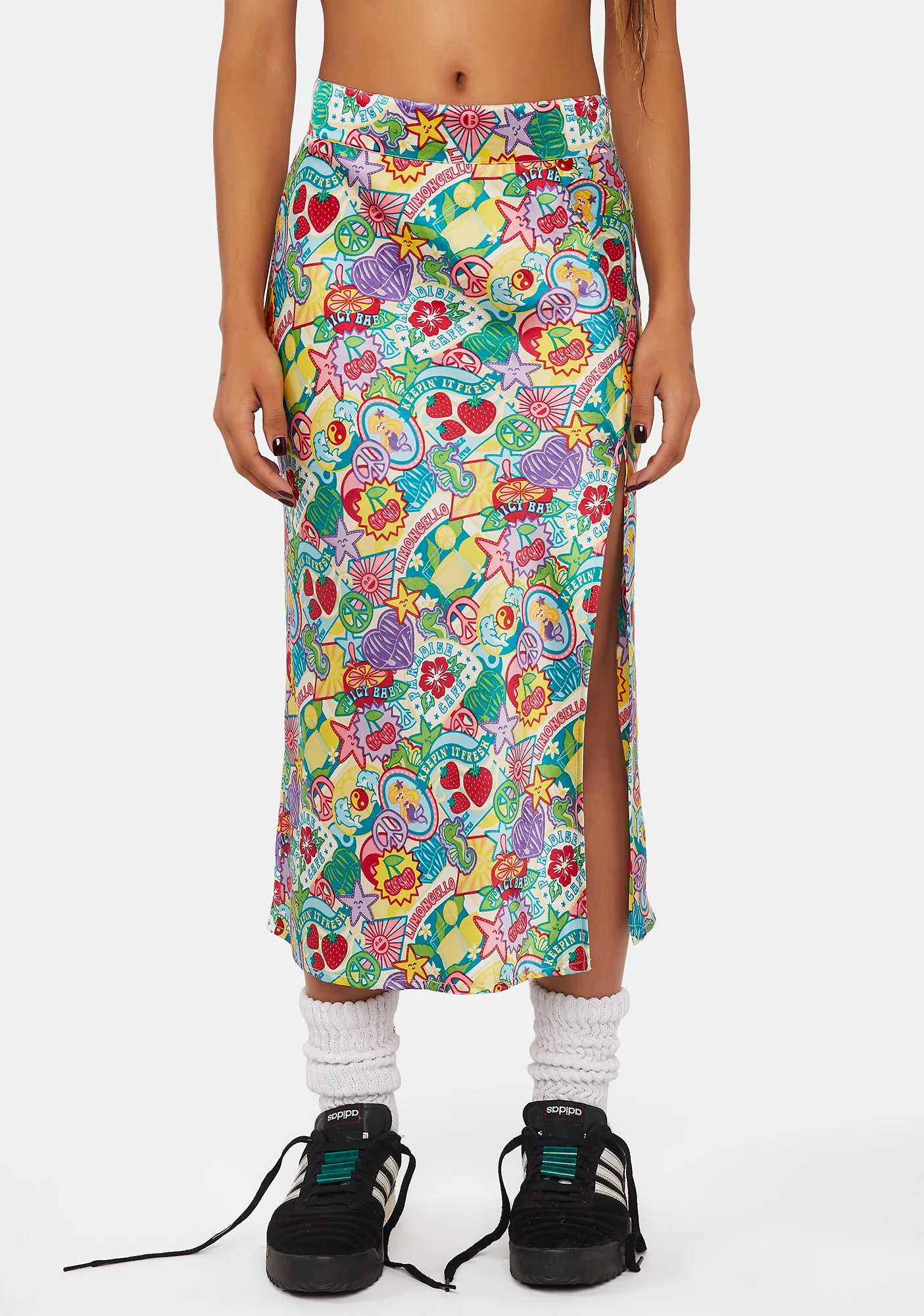 Badge Print Satin Midi Skirt