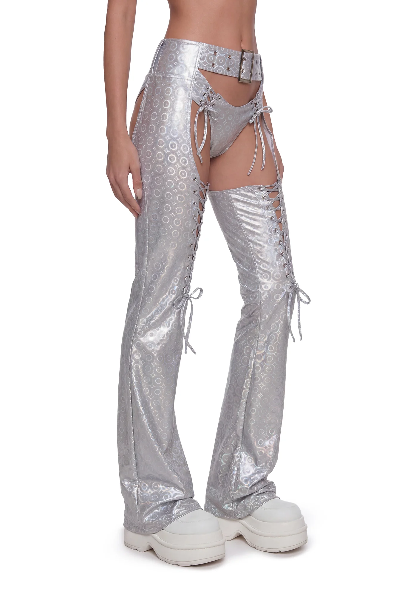 Metallic Buckle Chaps - Silver - Image 3