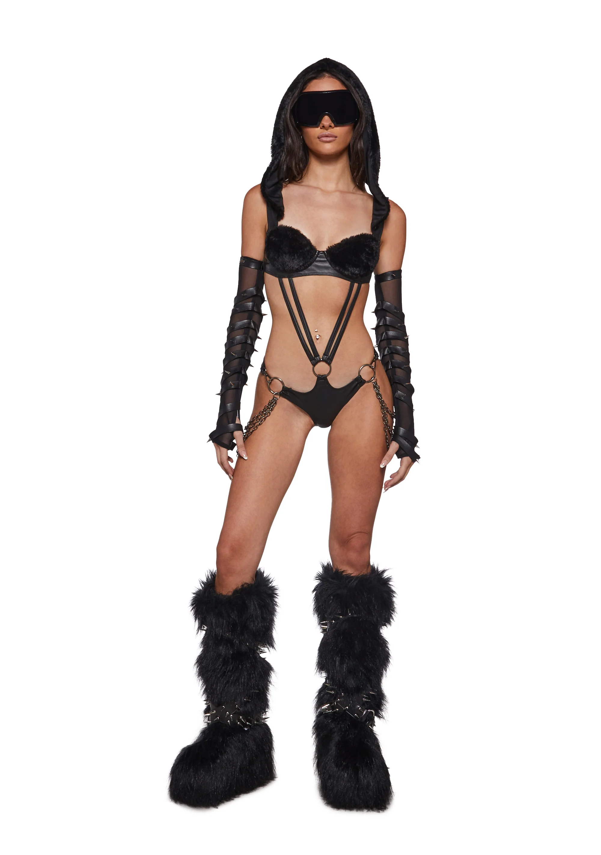 Cuddle Crusade Hooded Fur Bodysuit - Black - Image 2