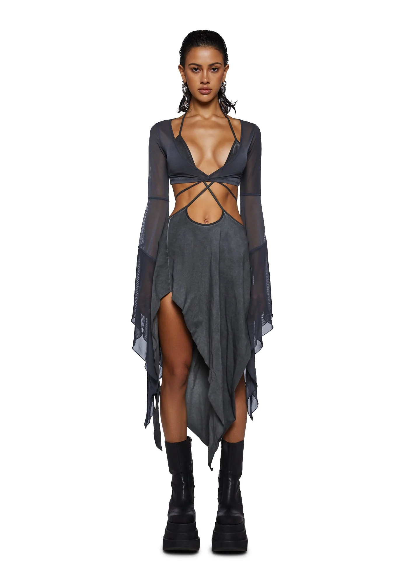 Echo Asymmetrical Mesh Wrap Dress - Dark Gray