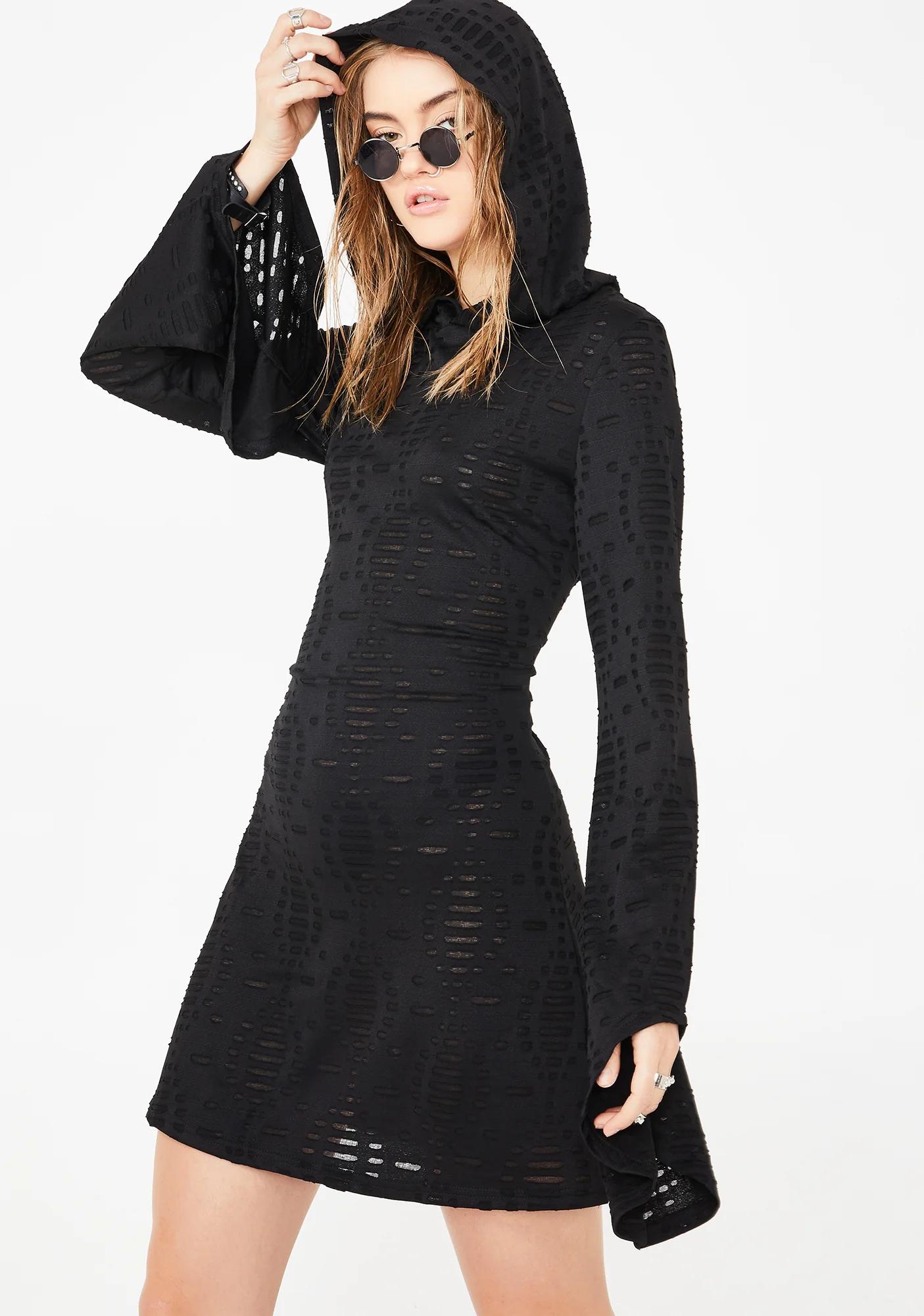 Flared Sleeve Hooded Skater Dress