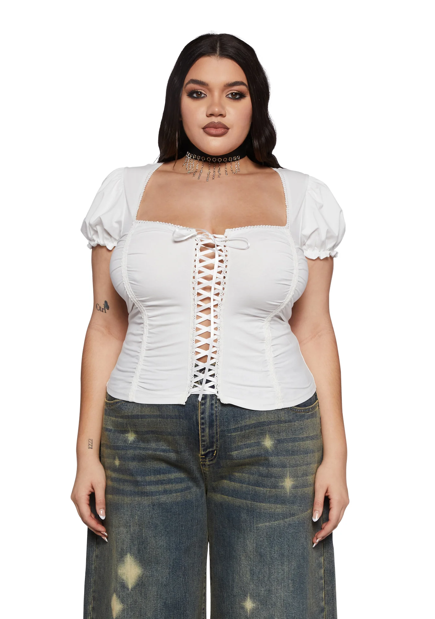 Plus Soft Girl Era Lace Up Top - White