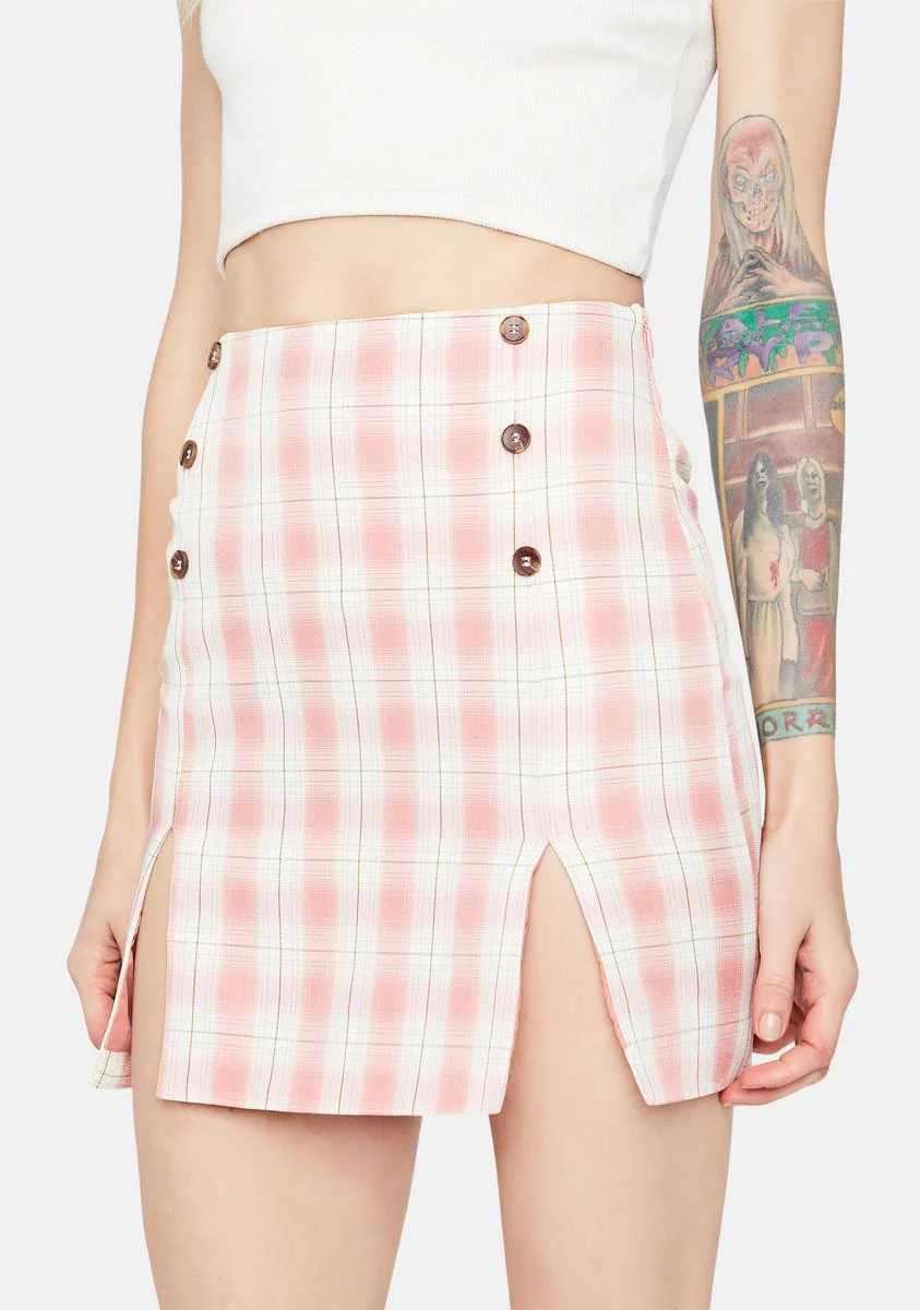 Just Peachy Gingham Button Waist Mini Skirt