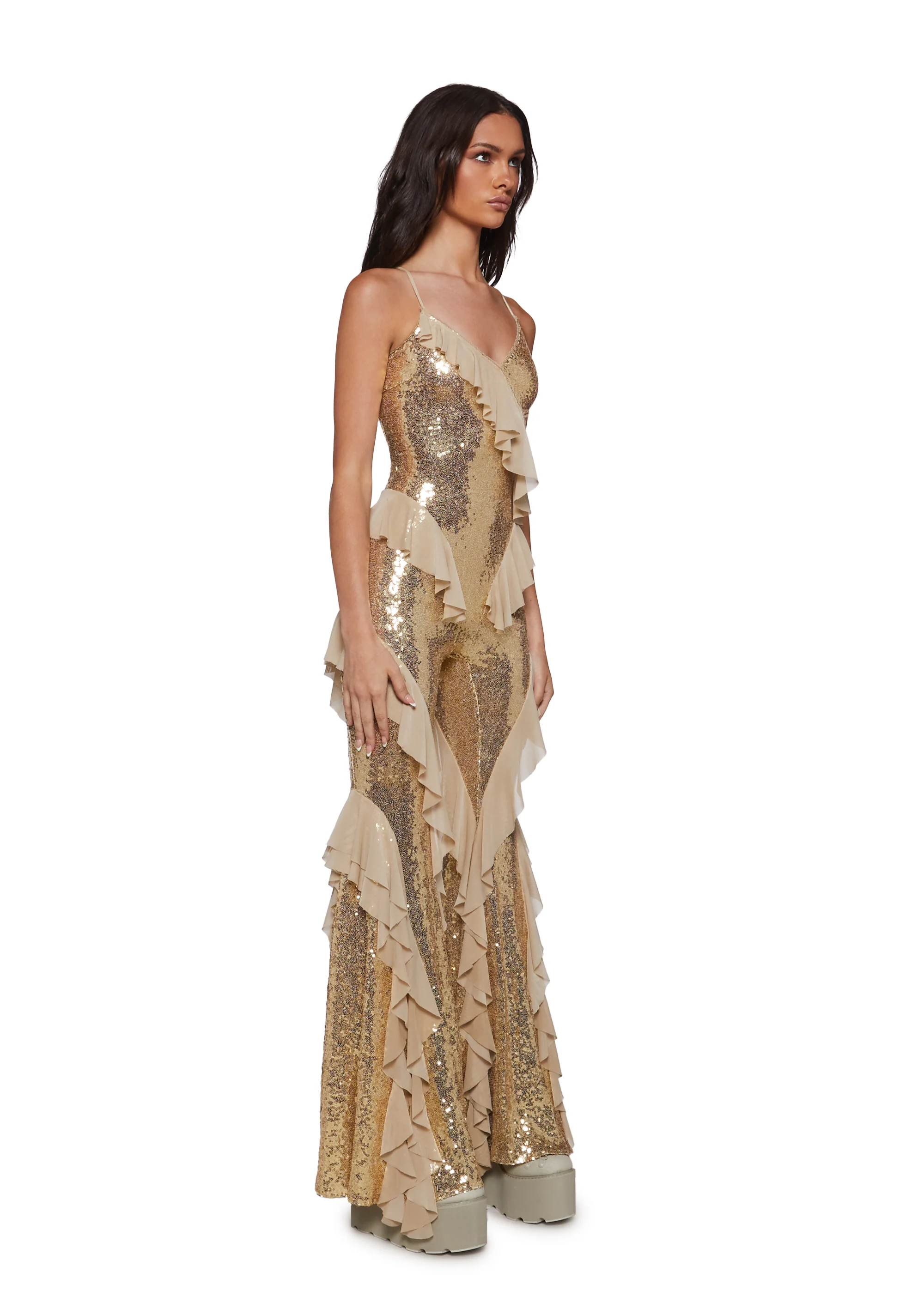 Melodramatic Gold Sequin Ruffle Jumpsuit - Image 3