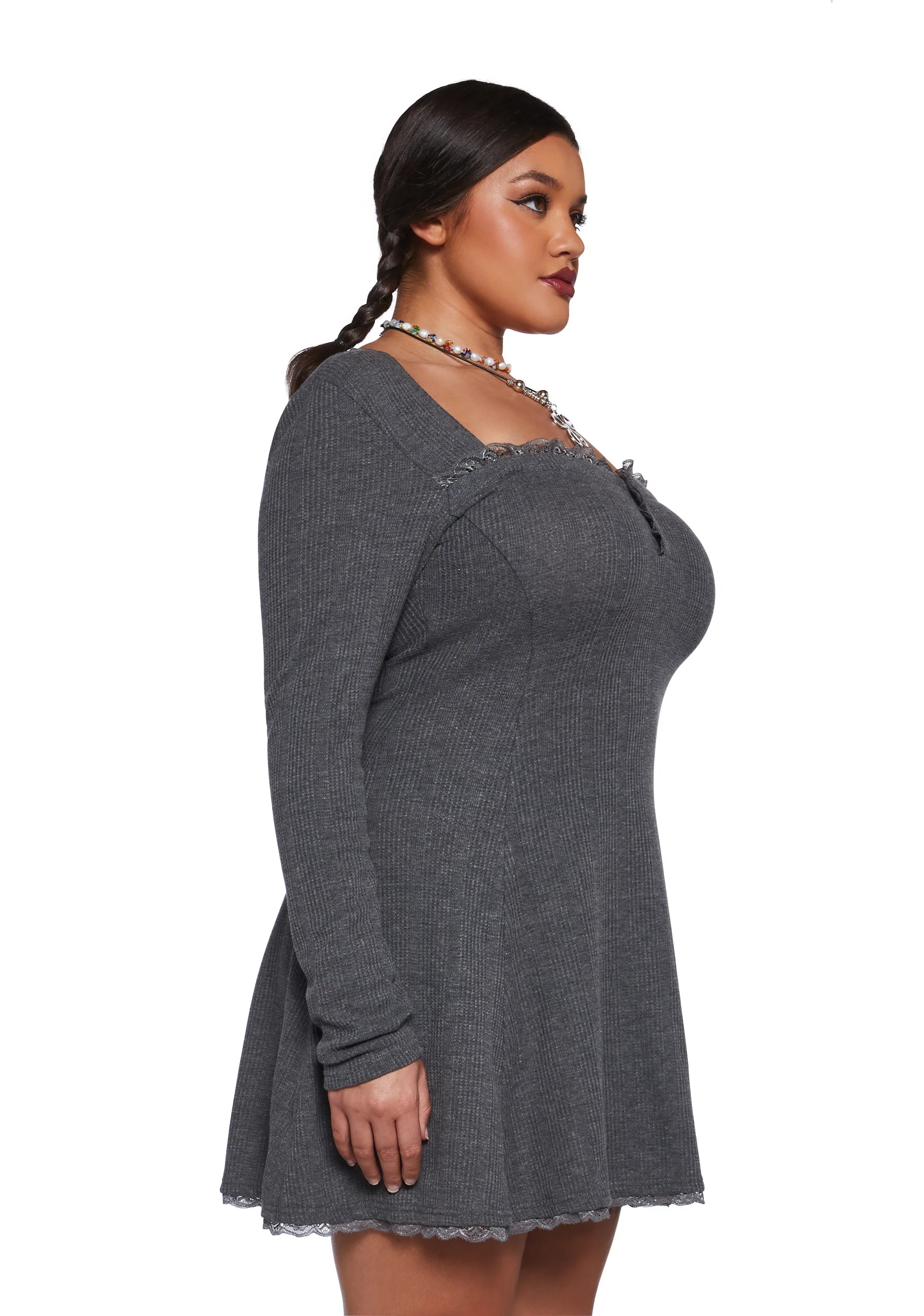 Mid Century Date Thermal Dress - Gray - Image 7