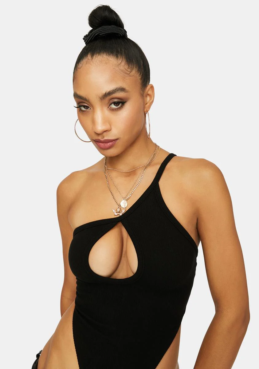 Noir Focused Love One Shoulder Keyhole Chest Bodysuit