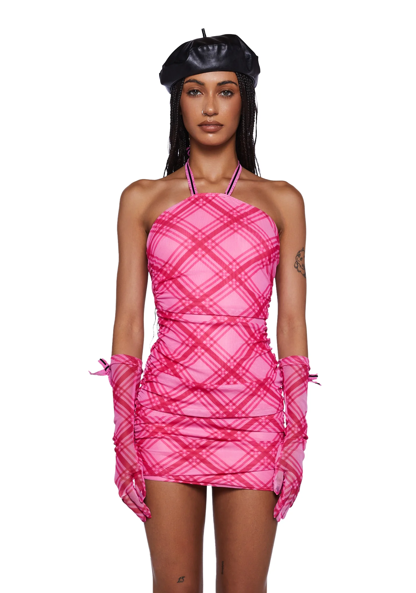 Pink Plaid Dress And Gloves Set