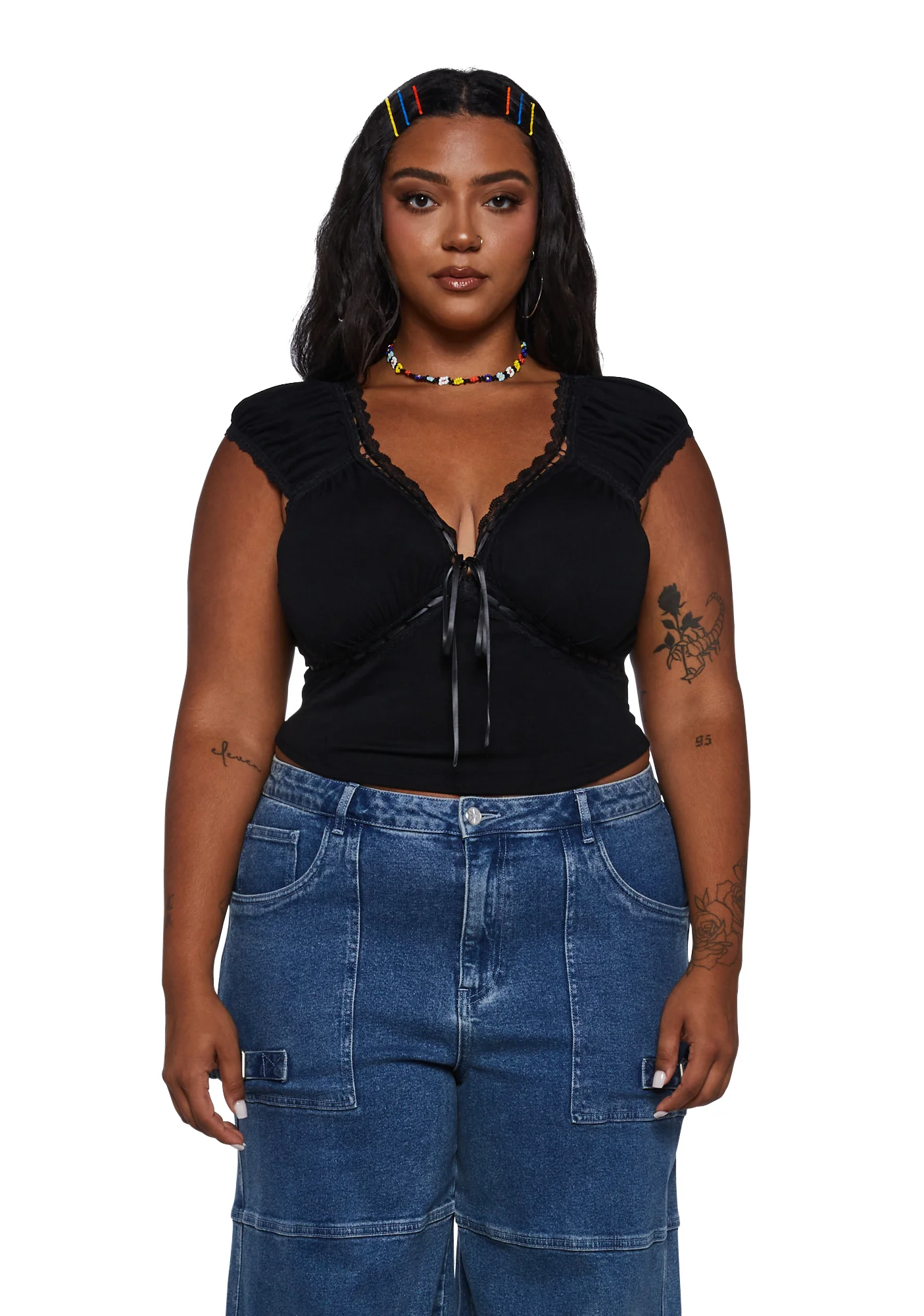 Plus Queen Of Spring Lace Trim Top - Black