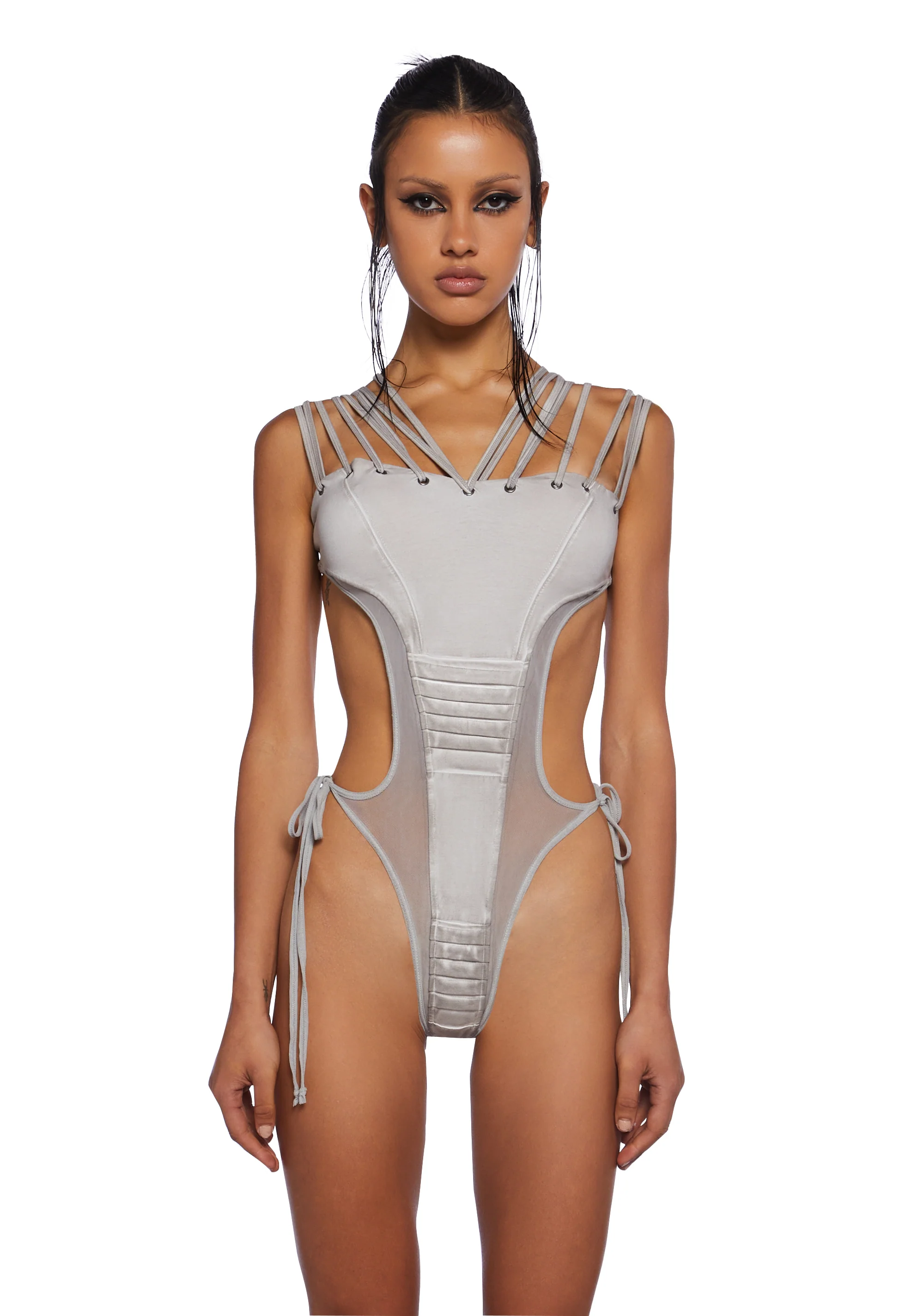 Frequency Strappy Mesh And Jersey Bodysuit - Sand