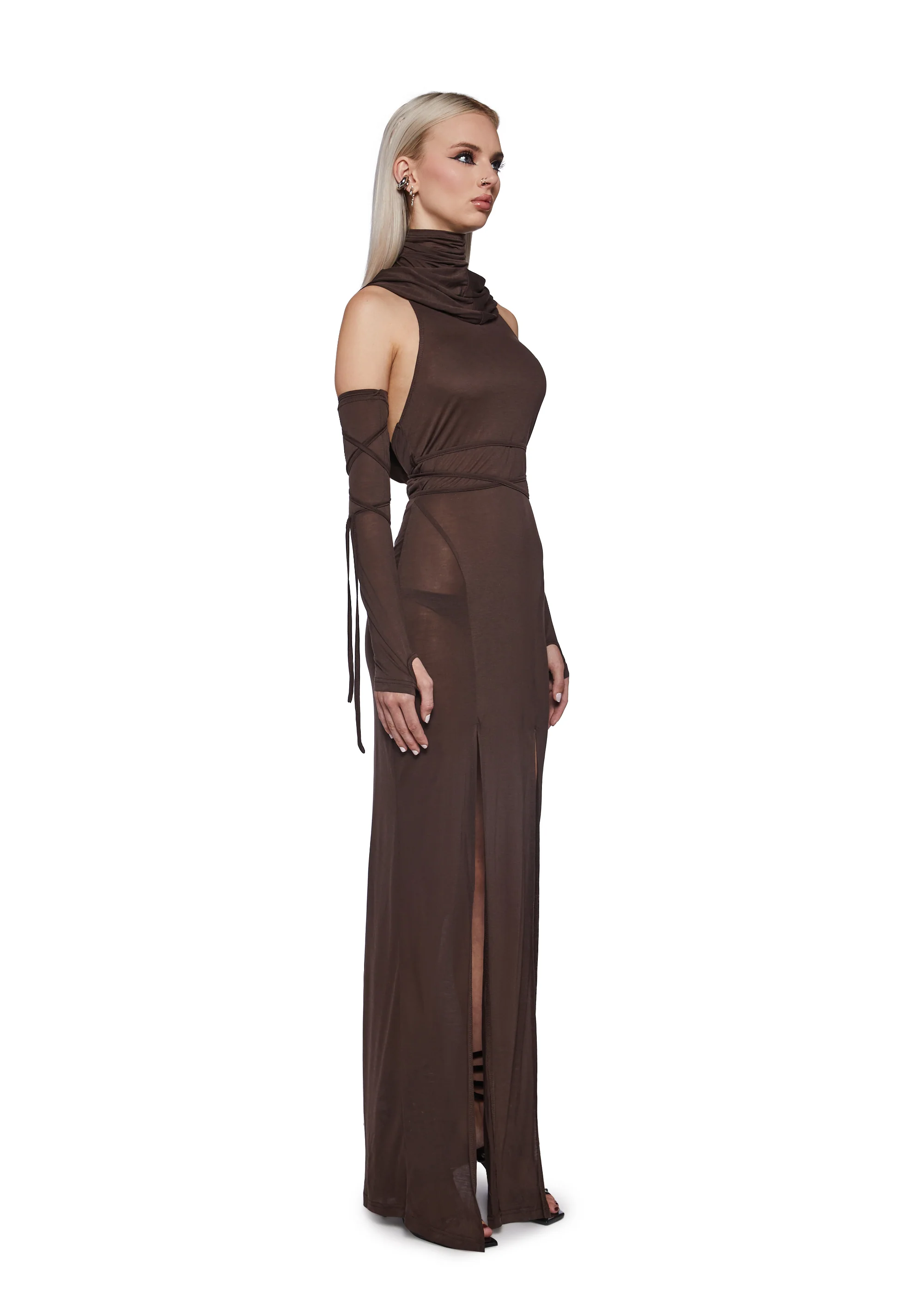 Siren Hooded Slit Maxi Dress - Brown - Image 3